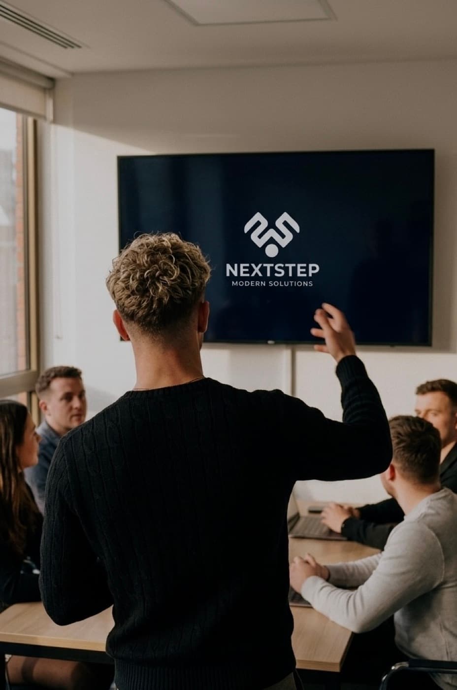 Dan presenting to a client team, the NextStep logo on the screen behind him